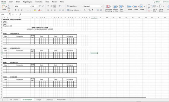 Home Insert Draw Page Layout Formulas Dute Review View Share .com Merge Center - S - PROBLEMA CONTINO ACCOUNTS PAYABLE SUDARY