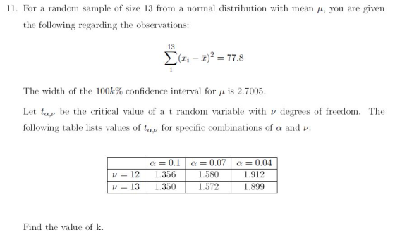 11. For a random sample of size 13 from a normal distribution with mean u, you are given the following regarding the observat
