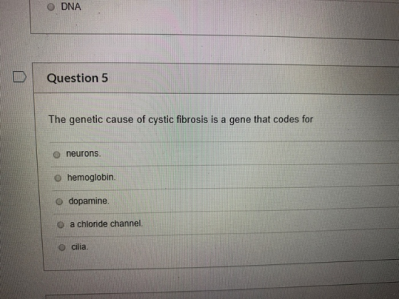 ODNA Question 5 The genetic cause of cystic fibrosis is a gene that codes for neurons. o hemoglobin. dopamine. a chloride cha