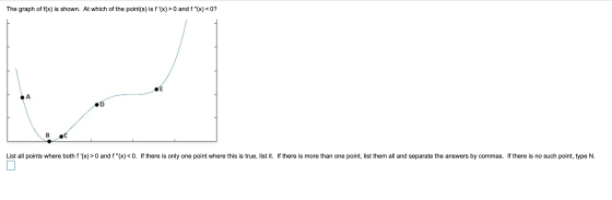 The graph of f(x) is shown. At which of the point(s) is f (x) >0 and f (x) < 0? List all points where both f (x) > 0 and f