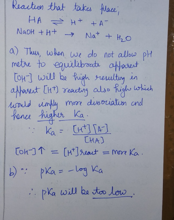 Reaction that takes place; HA H+ + A- NaOH tHt Nat +H₂O a) Thus, when we do not allow pH metre to equilibrate apparent [OH-]