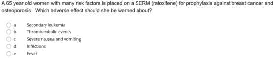 A 65 year old women with many risk factors is placed on a SERM (raloxifene) for prophylaxis against breast cancer and osteopo