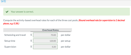 (a 1) Your answer is correct. Compute the activity-based overhead rates for each of the three cost pools. (Round overhead rat