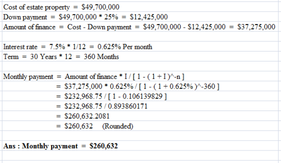 Cost of estate propertyS49,700,000 Down payment-$49.700.000 * 25%-$12,425,000 Amount of financeCost Down payment S49,700,000