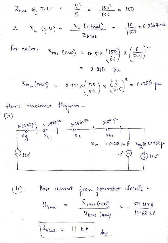 Koove of TL = : x (P.1) = - Leon = 150 x1 (actual) - or 0-0 4610 | 150 z base For motor, xm, (new) = 0.15* 1 = 0.218 pu Km2 (