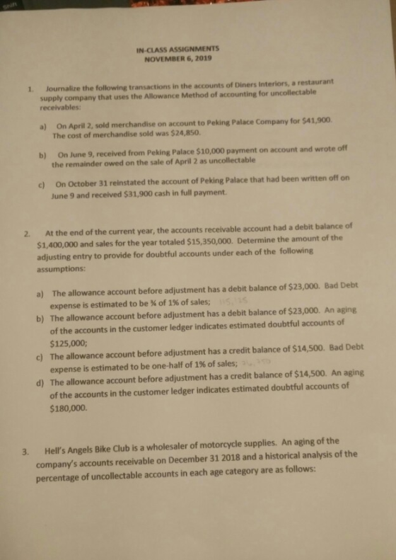 IN-CLASS ASSIGNMENTS NOVEMBER 6, 2019 Journalize the following transactions in the accounts of Diners Interiors, a restaurant