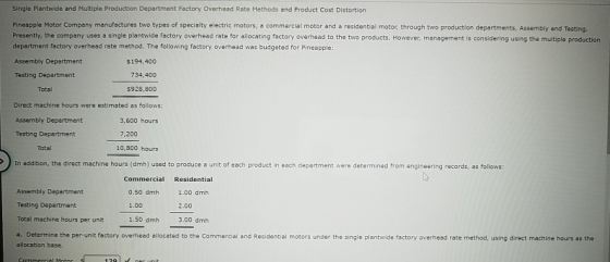 Single Plantwide and Multiple Production Department Factory Overhead Rate Methods and Product Cost Distortion Pineapple Motor