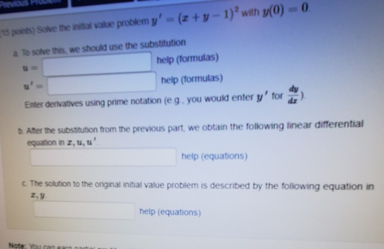 [ 15 ports) Save the initial value problem y - (x + y - 1) with y(0) - 0 a to solve this, we should use the substitution he