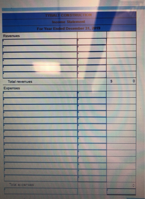 TYBALT CONSTRUCTION For Year Ended December 31, 2019 Revenues Total revenues Expenses a expenses