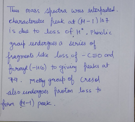 This mass spectra was interpreted. characterste heak at (M-1) 107 is due to loss of Hº. Phenolic group undergoes a series of