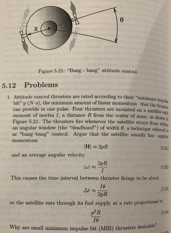 Figure 5.21: Bang- bang attitude control. 5.12 Problems 1. Attitude control thrusters are rated according to their min bit p (N s), the minimum amount of linear momentum tha can provide in one pulse. Four thrusters are mounted on a satellite moment of inertia I, a distance R from the Figure 5.21. The thrusters fire whenever the satellite strays from an angular window (the deadband) of width θ, a technique referred to as bang-bang control. Argue that the satellite usually has angular momentum the thruster with center of mass, as shown in within 5.91) and an average angular velocity 2pR (5.92) This causes the time interval between thruster firings to be about At so the satellite eats through its fuel supply at a rate proportional o 16 (5.93) 2pR 5.94 16 Why are small minimum impulse bit (MIB) thrusters desirable?
