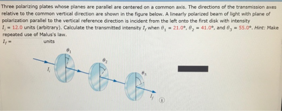Three polarizing plates whose planes are parallel are centered on a common axis. The directions of the transmission axes rela