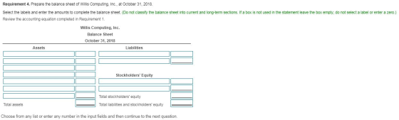 Requirement 4. Prepare the balance sheet of Willis Computing, Inc., at October 31, 2018. Select the labels and enter the amou