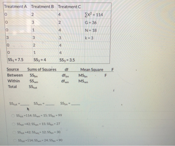 Treatment A Treatment B Treatment C 0 2 4 x2 = 114 0 3 G= 36 N o 1 4 N = 18 3 3 k=3 3 4 0 N 0 1 1 4 SS1 = 7.5 SS2 = 4 SS3 = 3