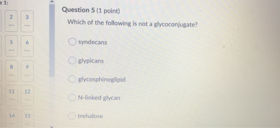 e 1: Question 5 (1 point) Which of the following is not a glycoconjugate? syndecans glypicans af glycosphinoglipid ON-linked