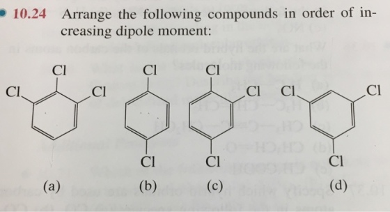 10.24 Arrange the following compounds in order of in- creasing dipole moment: CI Cl Cl Cl Cl Cl C CI Cl Cl Cl