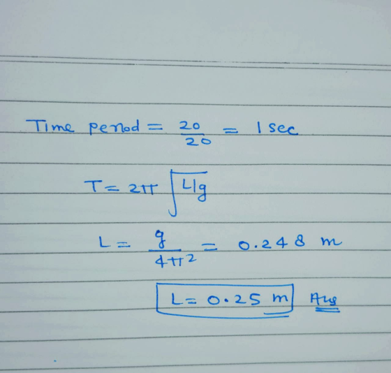 Time penod = 20 = I see 2 . T= 2T (Lg L= q = 0.248 m L= 0.25 m Aug