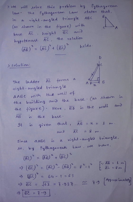 > we will eolve this problem by Pythagorean law. The Pythagorean Law states that, in a right-angled triangle ABC BA (as shown