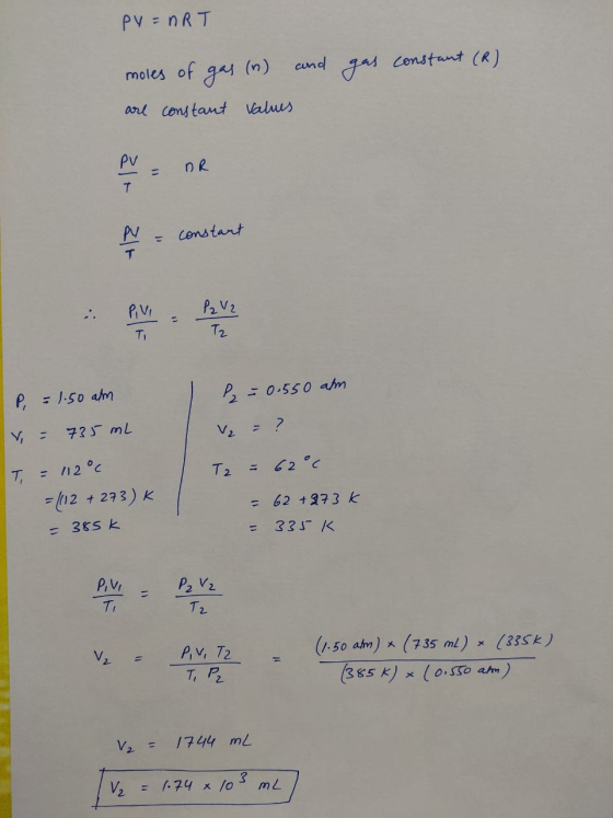PV = nRT and gas constant (R) moles of gas (n) are constant values PV = nR ila za = constant P2 V2 12 P = 0.550 am P = 1.50 a