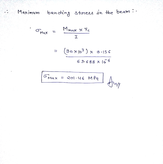 Maximum bending stress in the beam?. Mmax x Ye . O max = Mmax X Yc Max I (90x103) x 8.156 69-688 x 166 [max = 201.46 MPa Fun