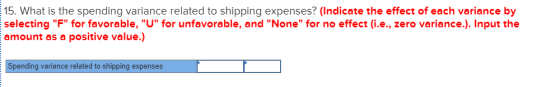 15. What is the spending variance related to shipping expenses? (Indicate the effect of each variance by selecting F for fa