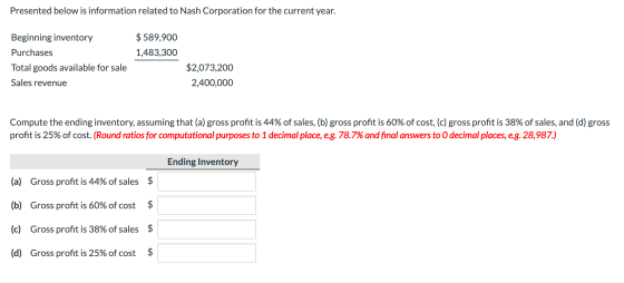 Presented below is information related to Nash Corporation for the current year. $589,900 Beginning inventory Purchases 1,483