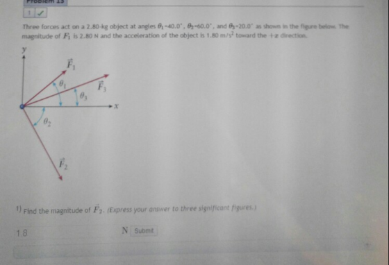 Probiem s Three forces act on a 2.80-kg object at angles 6,-40.0、 60.0., and 6,-20.0. as shown in the npre below The magnitud