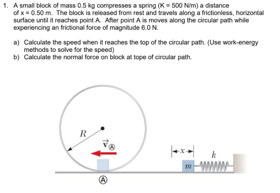 1. A small block of mass 0.5 kg compresses a spring (K 500 N/m) a distance of x 0.50 m. The block is released from rest and travels along a frictionless, horizontal surface until it reaches point A. After point A is moves along the circular path while experiencing an frictional force of magnitude 6.0 N. a) Calculate the speed when it reaches the top of the circular path. (Use work-energy methods to solve for the speed) b) Calculate the normal force on block at tope of circular path.