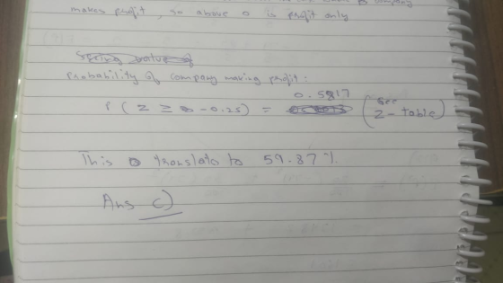 makes pugit , so above o is profit only Sering Dalue Probability of company making profit : 0.5817 P ( 2 z 3-0.25) = D B tabl