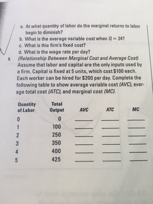 a. At what quantity of labor do the marginal returns to labor begin to diminish? b. What is the average variable cost when a-