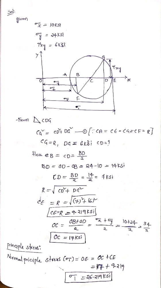 นา z = 10ksi y = 24ksi Pay = 6kisi k a -Term ДcDG CG = cpt oa - O:CA = CE = C43CF=R] CG=R, DG = 6kši CD=? Heu eB = cd= BD BD