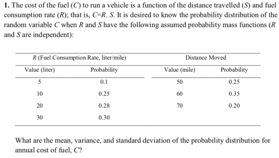 1. The cost of the fuel (C) to run a vehicle is a function of the distance travelled (S) and fuel consumption rate (R); that