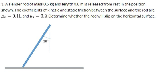1. A slender rod of mass 0.5 kg and length 0.8 m is released from rest in the position shown. The coefficients of kinetic and