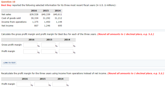 Question 10 Best Buy reported the following selected information for its three most recent fiscal years in U.S. $ millions):