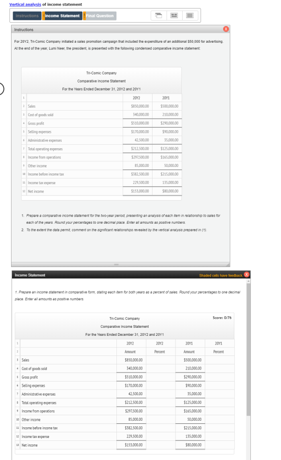 Vertical analysis of income statement Instructions Income Statement Final Question Instructions For 20Y2, Tri-Comic Company i