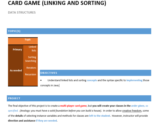 CARD GAME (LINKING AND SORTING) DATA STRUCTURES TOPIC(S) Topic Primary Linked lists Sorting Searching Iterators As needed Rec