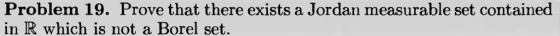 Problem 19. Prove that there exists a Jordan measurable set contained in IR which is not a Borel set.