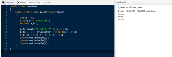 lI Result Execute Share Source File STDIN public class problema { public static void main(String [Jargs) { int x - 42; String