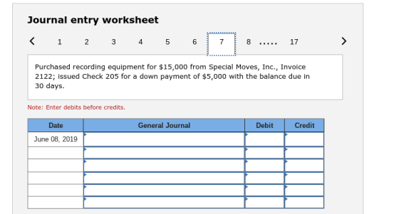 Journal entry worksheet Purchased recording equipment for $15,000 from Special Moves, Inc., Invoice 2122; issued Check 205 for a down payment of $5,000 with the balance due in 30 days. Note: Enter debits before credits. Date General Journal Debit Credit June 08, 2019