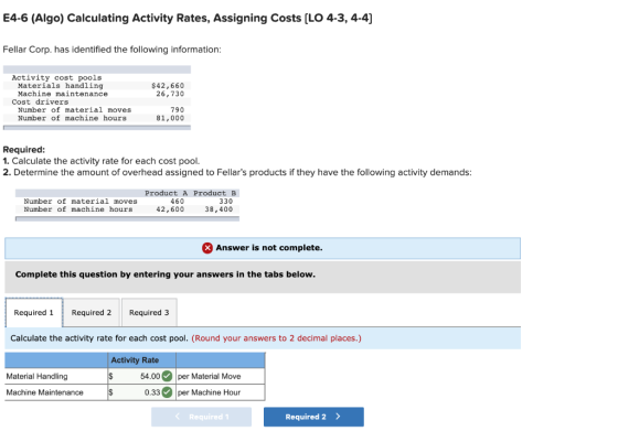 E4-6 (Algo) Calculating Activity Rates, Assigning Costs [LO 4-3, 4-4] Fellar Corp. has identified the following information: