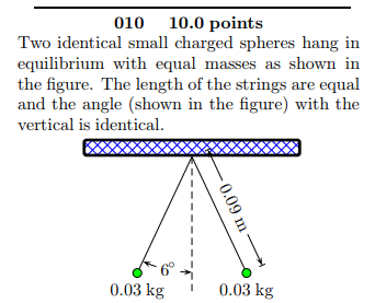 010 10.0 points Two identical small charged spheres hang in equilibrium with equal masses as shown in the figure. The length of the strings are equal and the angle (shown in the figure) with the vertical is identical. f5 0.03 kg0.03 kg