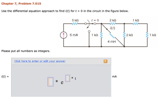 Chapter 7, Problem 7.015 Use the differential equation approach to find i(t) for t > 0 in the circuit in the figure below. i(