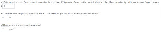 (a) Determine the projects net present value at a discount rate of 26 percent. (Round to the nearest whole number. Use a neg
