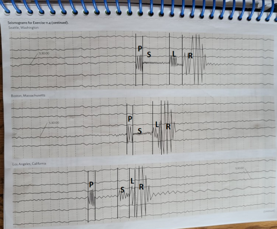 Seismograms for Exercise 11.4 (continued). Seattle, Washington 5:30:00 Boston, Massachusetts 5-30.00 Los Angeles, California