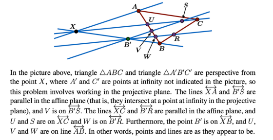 B 7 B In the picture above, triangle AABC and triangle AABC are perspective from the point X, where A and C are points a