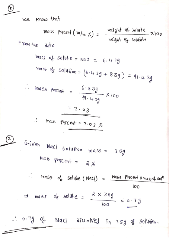 we know that mass percent ( m al m7 weight of solute -X100 weight of solution From the data mass of solute = NaI = 6.439 mass