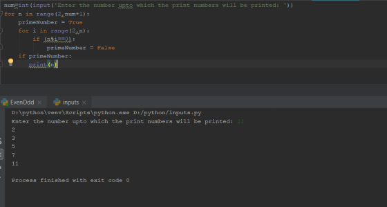 numint (input (Enter the number ets which the print numbers will be printed: )) for n in range (2 num+1) primeNumber True fo