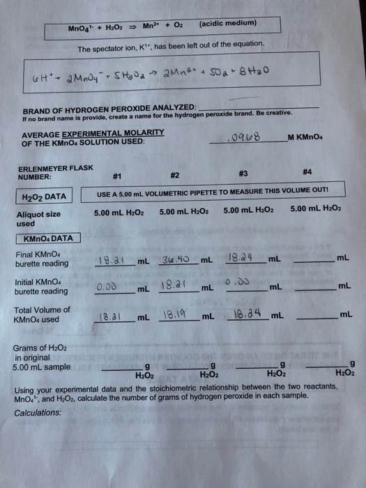 (acidic medium) MnO4 + H2O2 = Mn2+ + O2 The spectator ion, K, has been left out of the equation. CH + 2 MnO4 + Shooa 2M na +