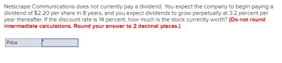 Netscrape Communications does not currently pay a dividend. You expect the company to begin paying a dividend of $2.20 per sh