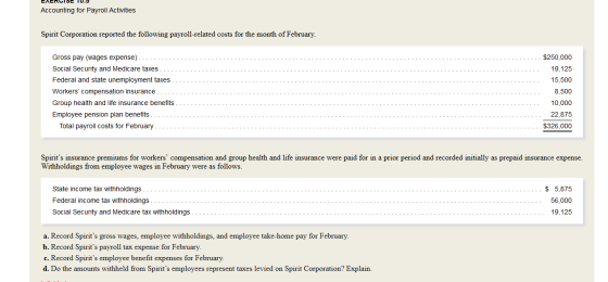 LAERCISE 10.5 Accounting for Payroll Activities Spirit Corporation reported the following payroll-related costs for the month
